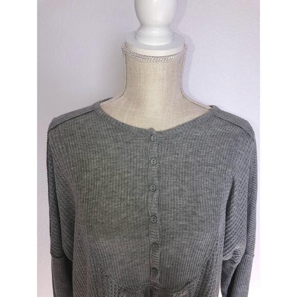 Gibson Look Gray Dolman Mixed Rib Waffle Knit Henley Top - S - Picture 3 of 6